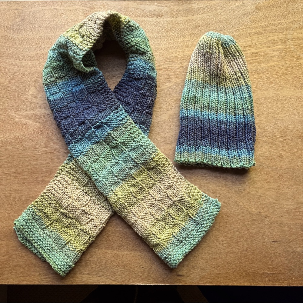 New Handmade Winter Striped Knit Beanie Hat & Scarf Set Blue, Green, and Tan